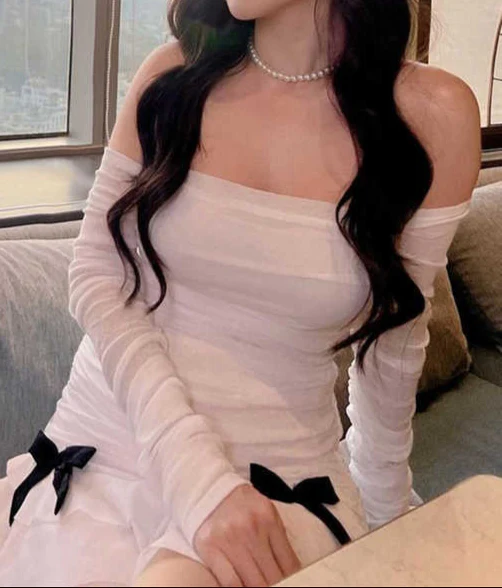 French Bow Off-shoulder Dark Coquette Dress - Image 3