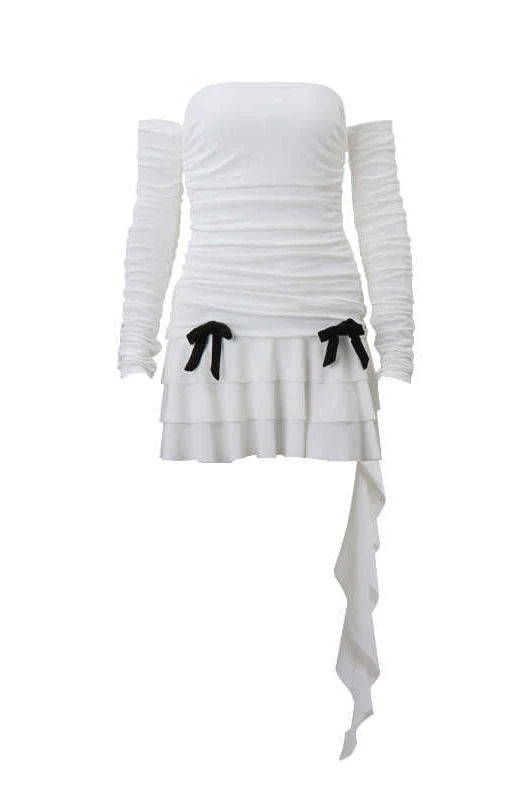 French Bow Off-shoulder Dark Coquette Dress - Image 5
