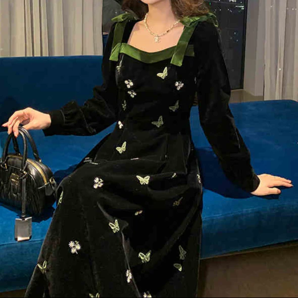 French Butterfly Embroidery Dark Coquette Dress - Image 3