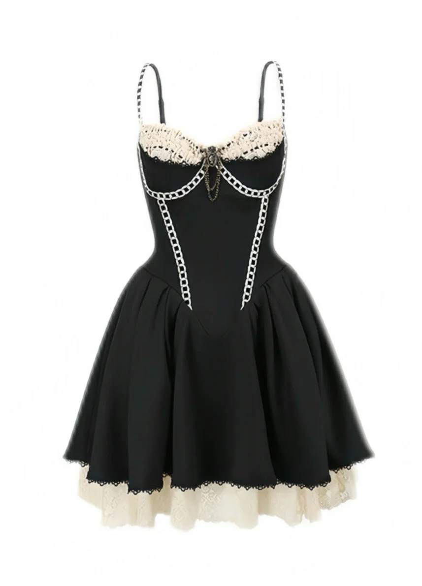 French Fishbone Lace Dark Coquette Dress