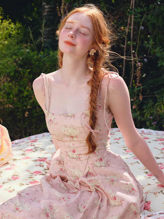 French Floral Fishbone Pink Dress - Image 2