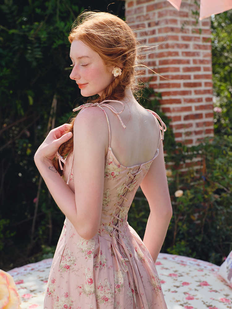 French Floral Fishbone Pink Dress - Image 4