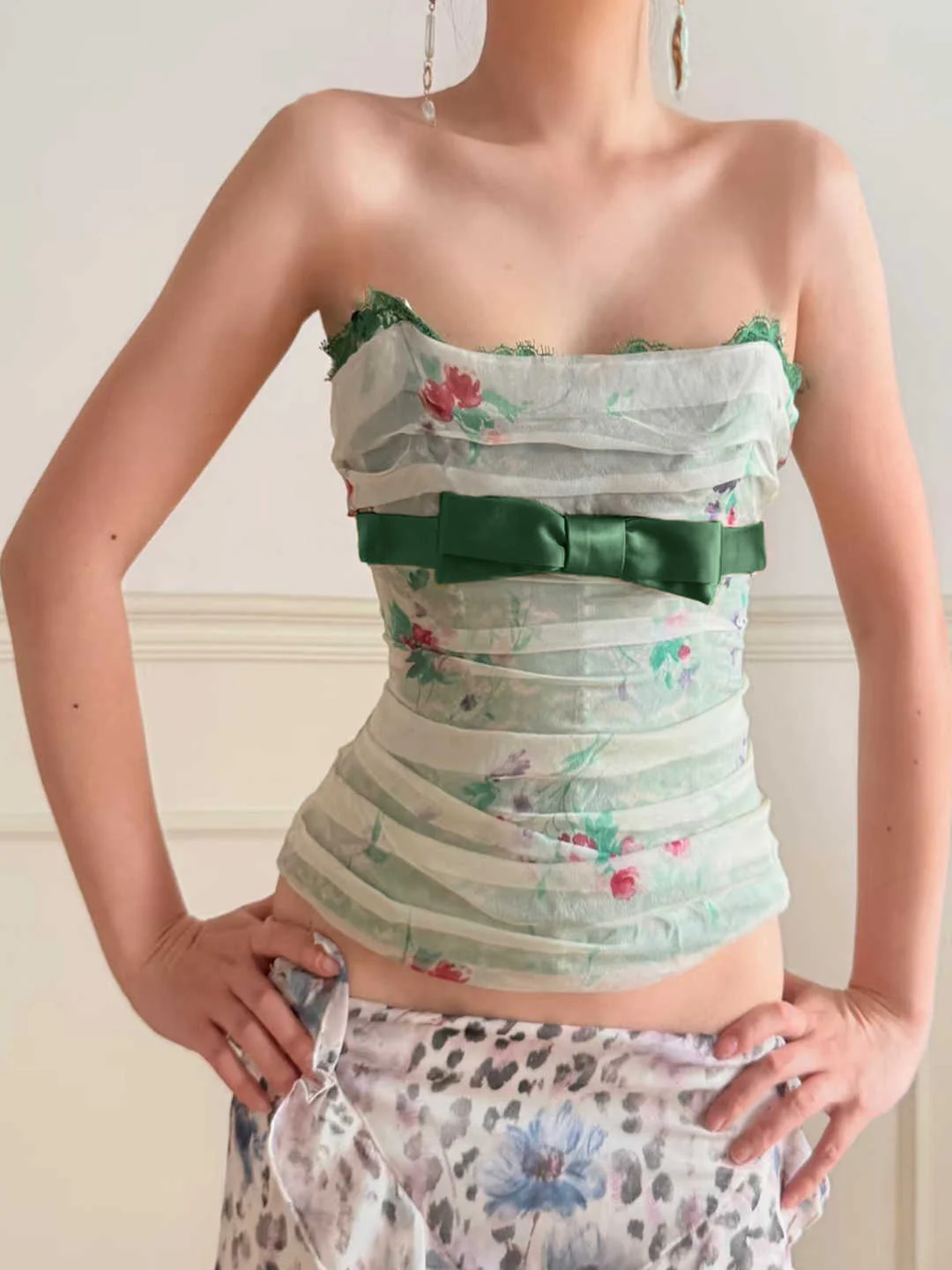 French Green Floral Mesh Tube Top - Image 2
