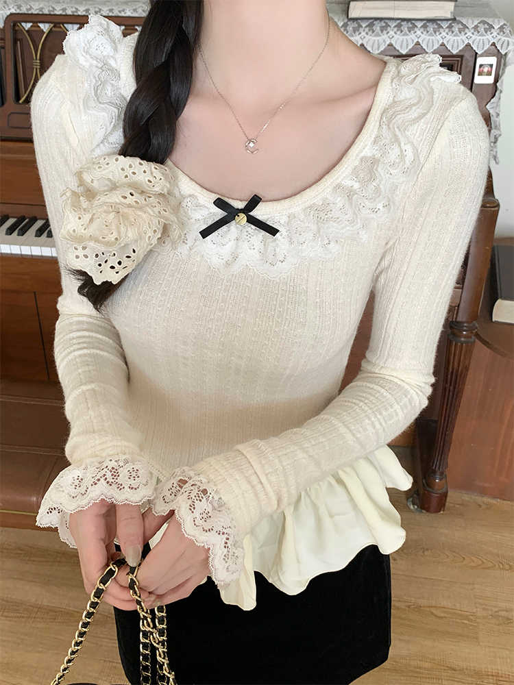French Lace Dark Coquette Long-sleeved Top - Image 2