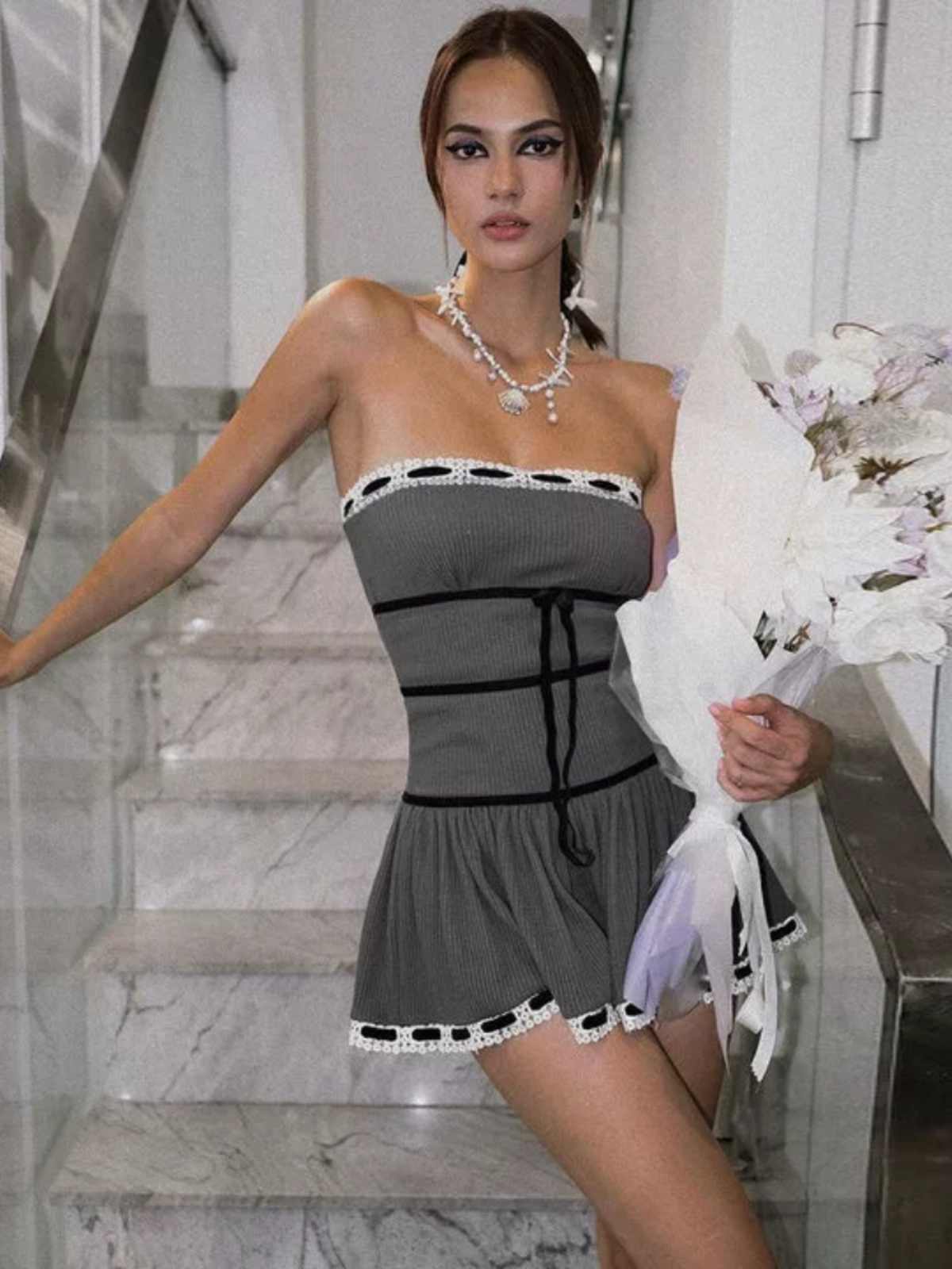 French Lace Splicing Tube Top Dress - Image 3