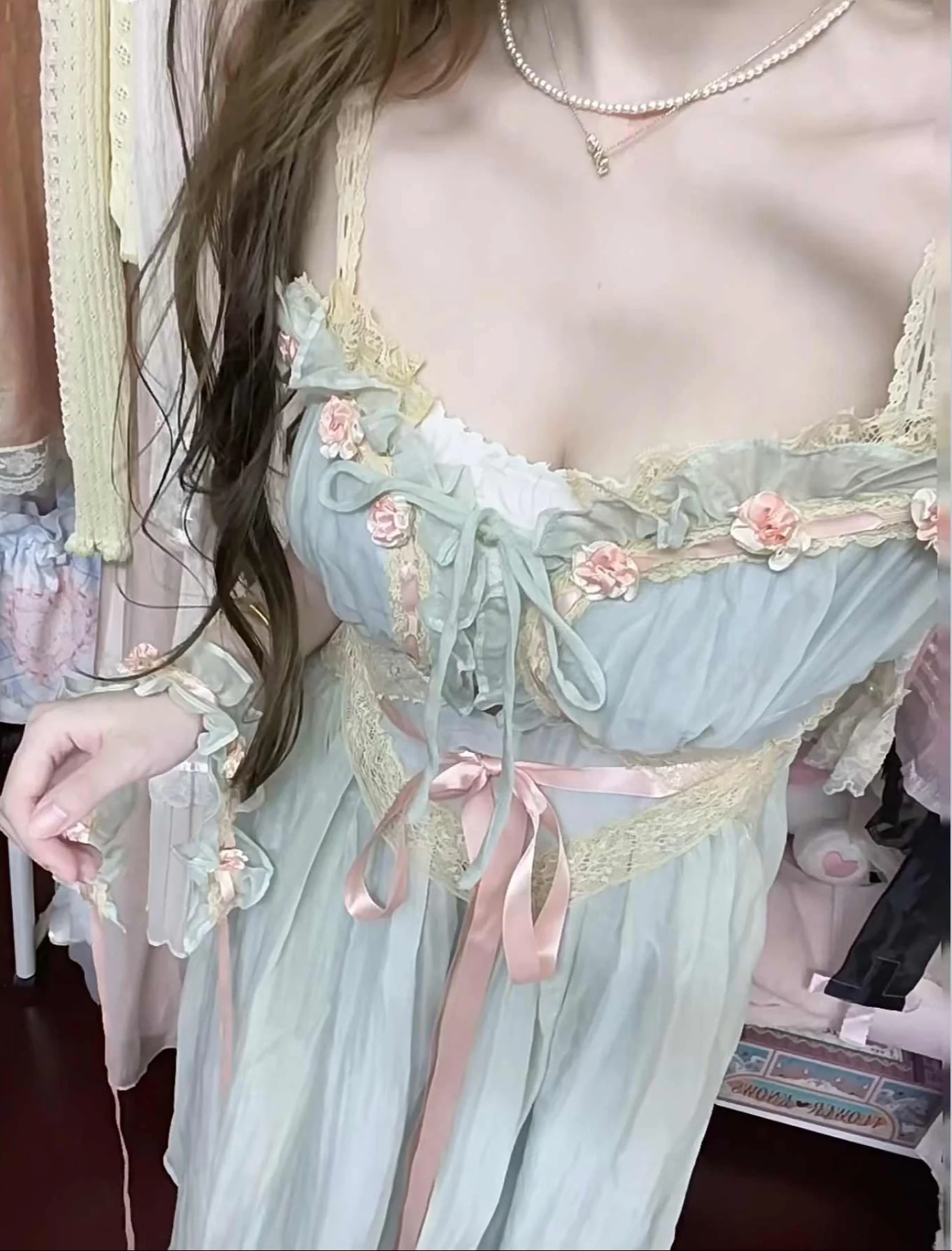 French Off-shoulder Lace Suspender Mesh Dress - Image 2