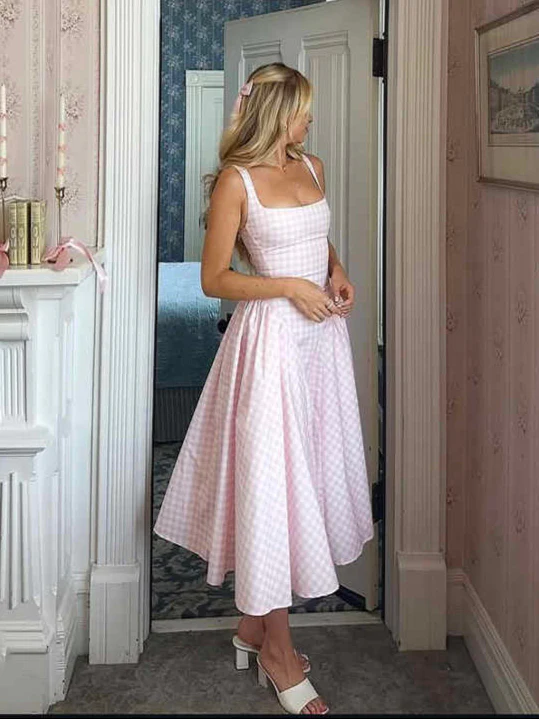 French Pink Plaid Suspender Dress - Image 2