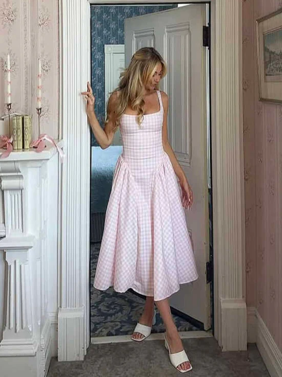 French Pink Plaid Suspender Dress - Image 3
