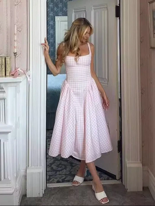 French Pink Plaid Suspender Dress - Image 6