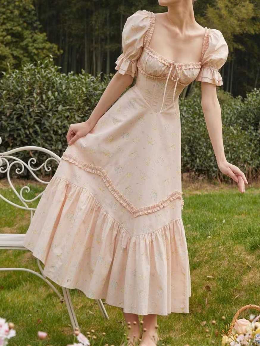 French Pink Puff-sleeved Corset Dress