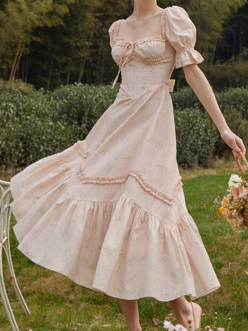 French Pink Puff-sleeved Corset Dress - Image 3