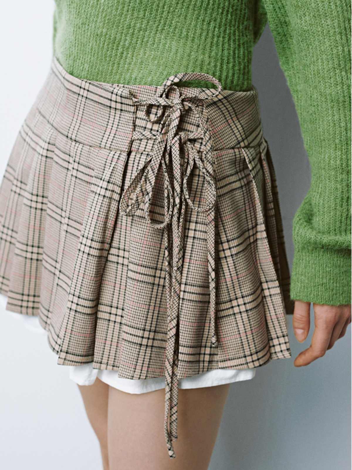 Preppy Lace-up Brown Plaid Skirt - Image 2