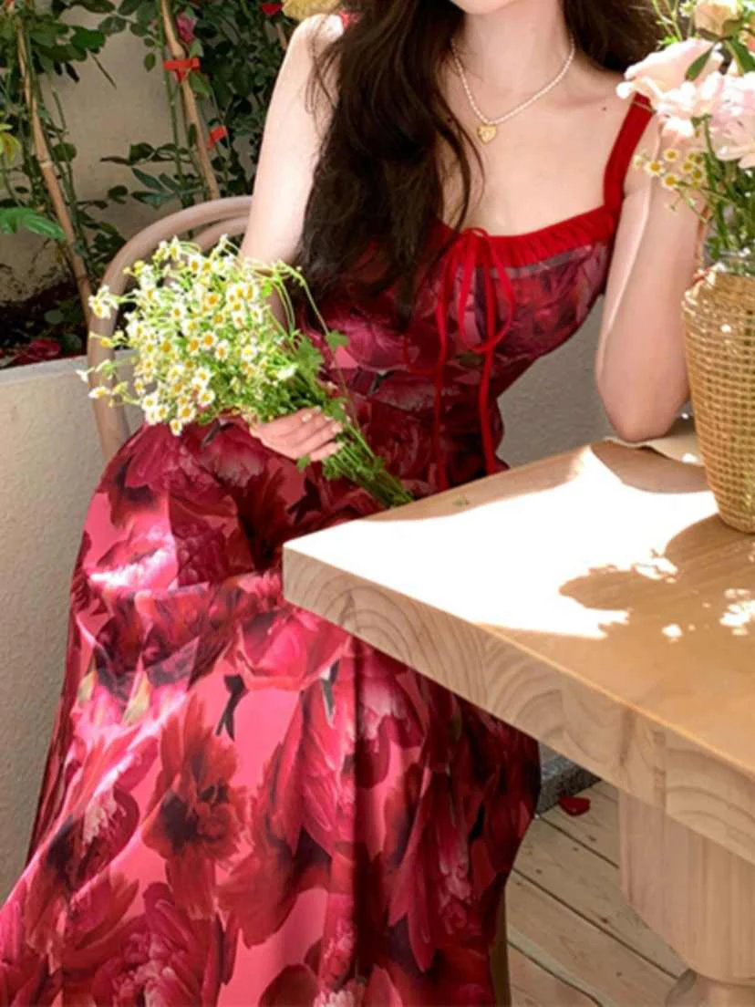 French Red Floral Suspender Dress - Image 3