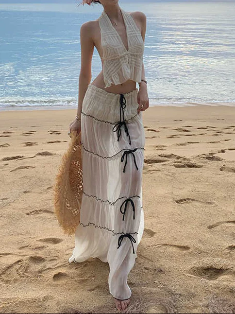 French Resort V-neck Halter Top Bow Dress - Image 2