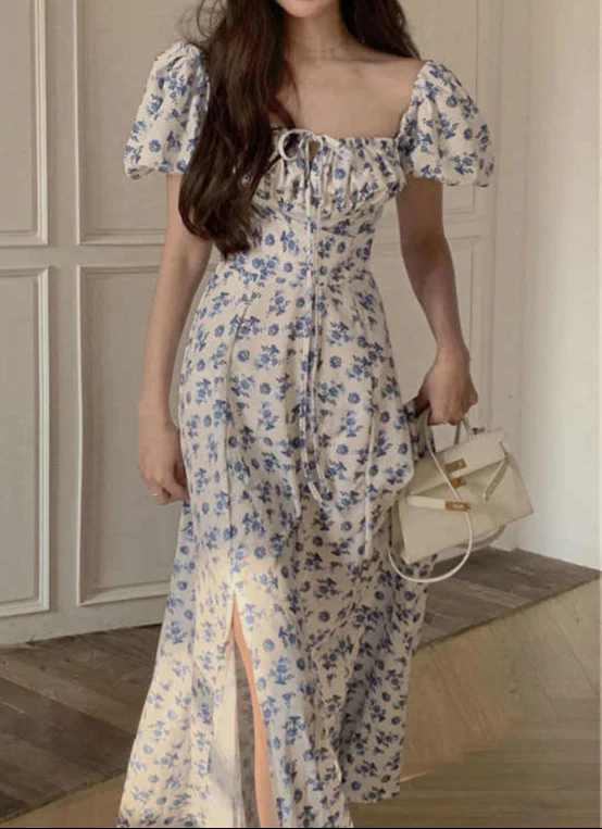 French Retro Blue Floral Maxi Dress - Image 2