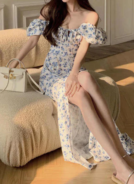 French Retro Blue Floral Maxi Dress - Image 3