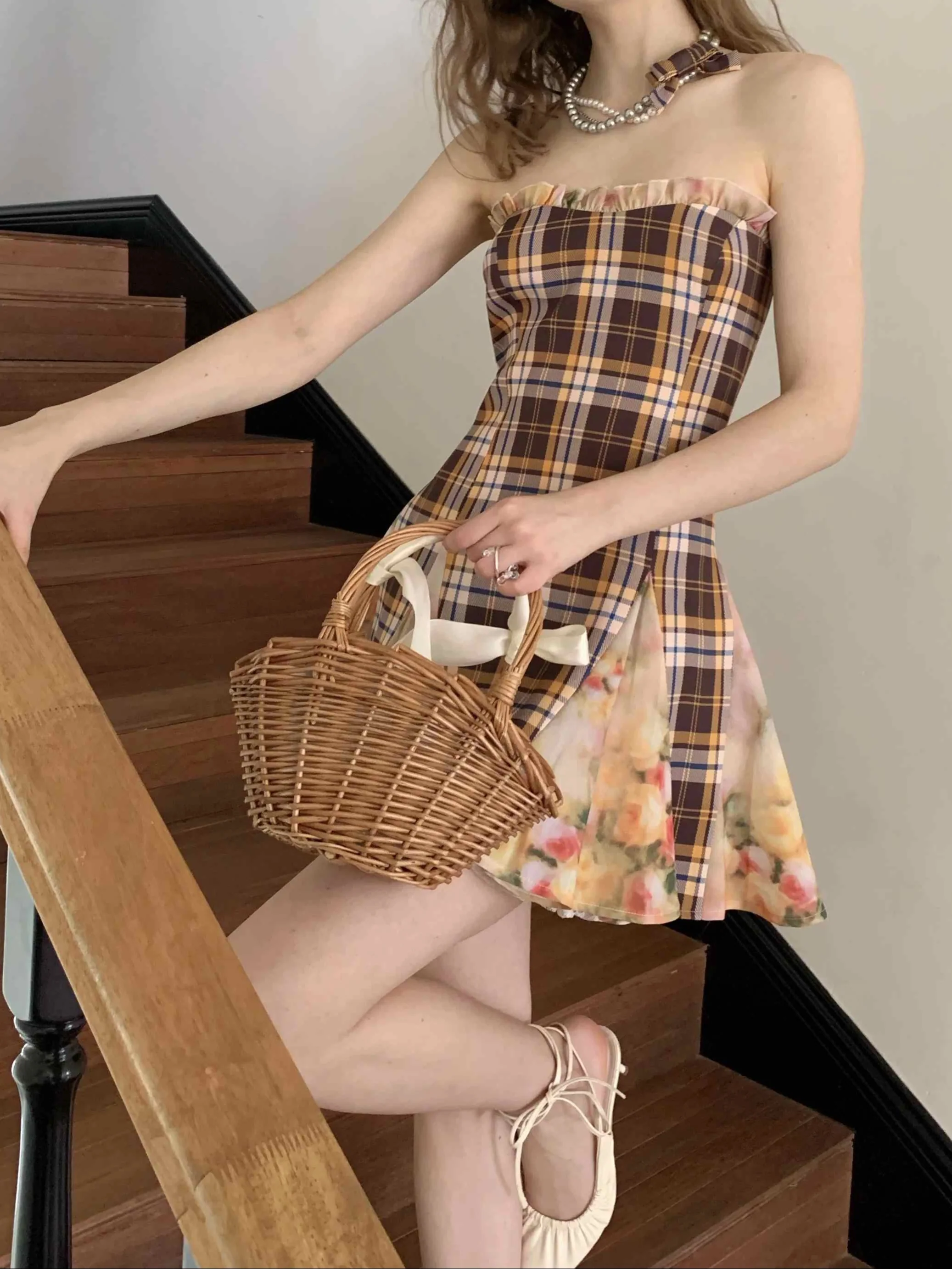 French Retro Plaid Tube Top Dress - Image 6