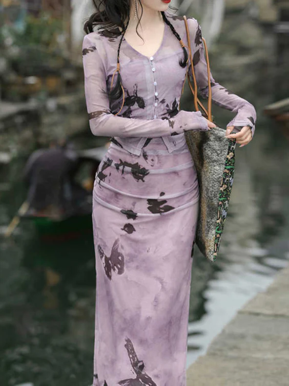 French Retro Purple Ink Shirt + Skirt - Image 2