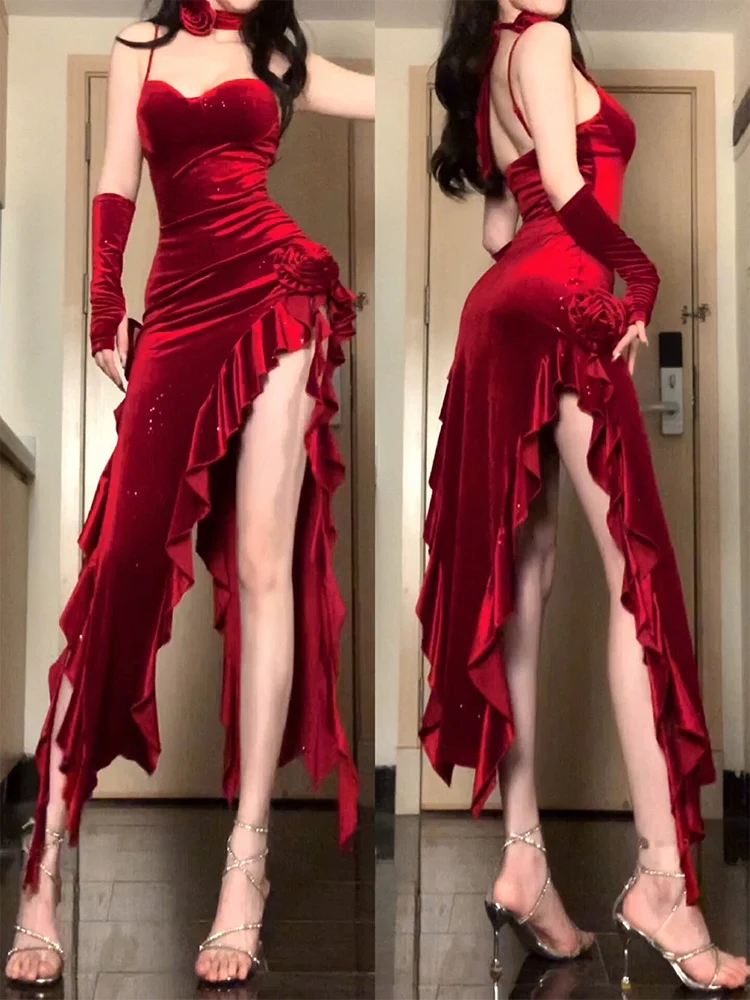 French retro red velvet suspender dress