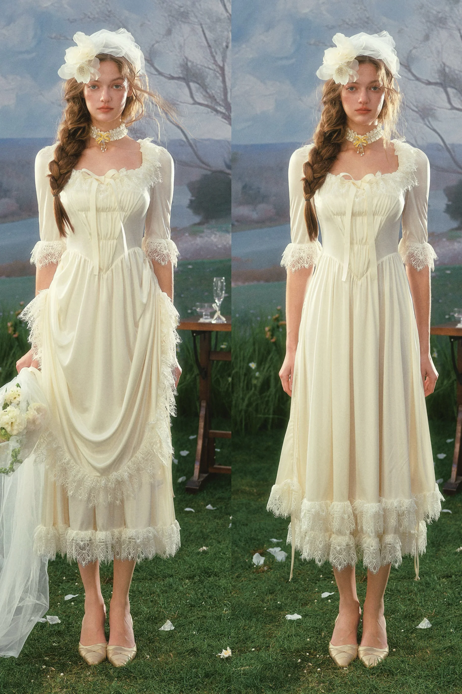 French Retro Satin Wedding Dress - Image 6