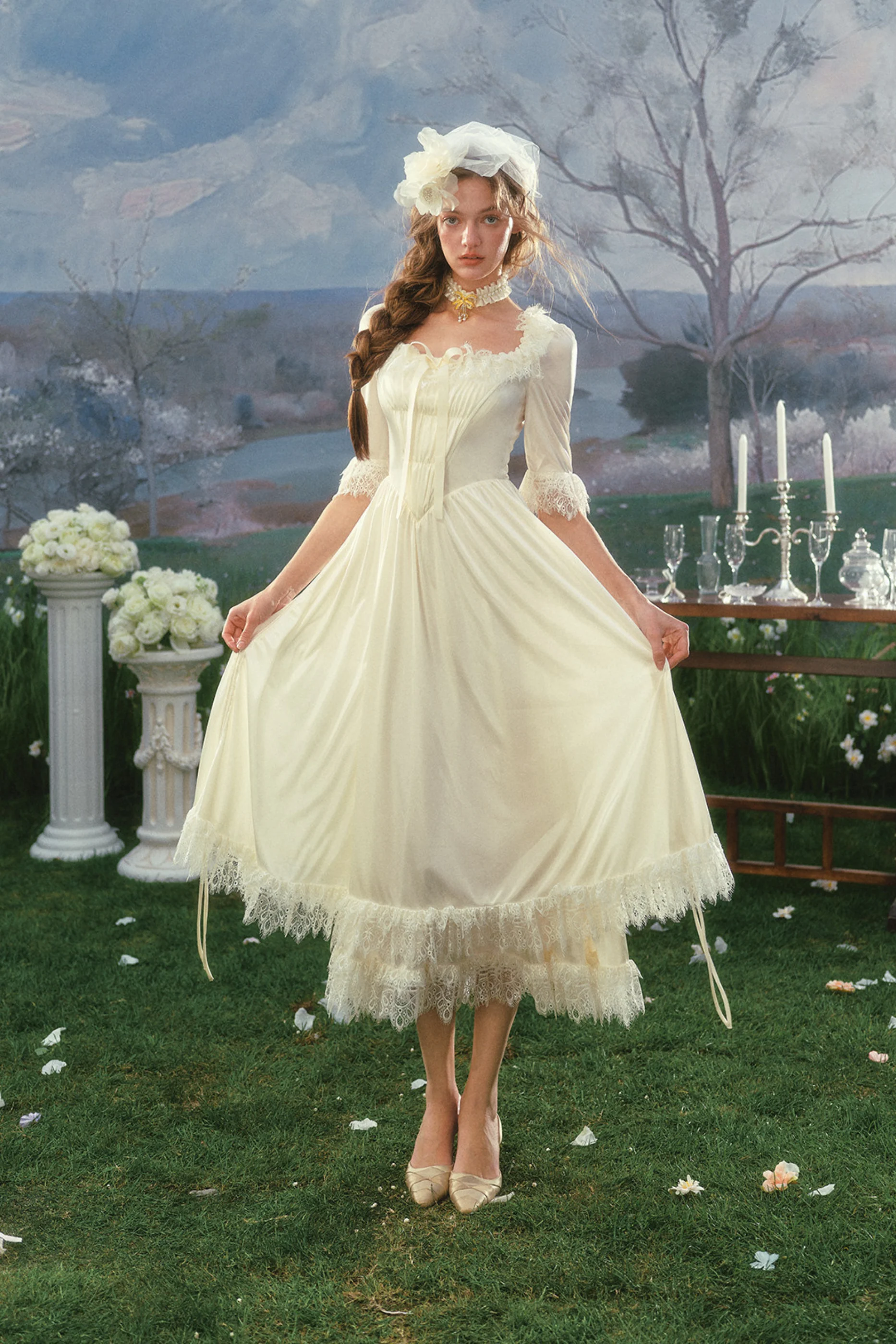 French Retro Satin Wedding Dress - Image 10