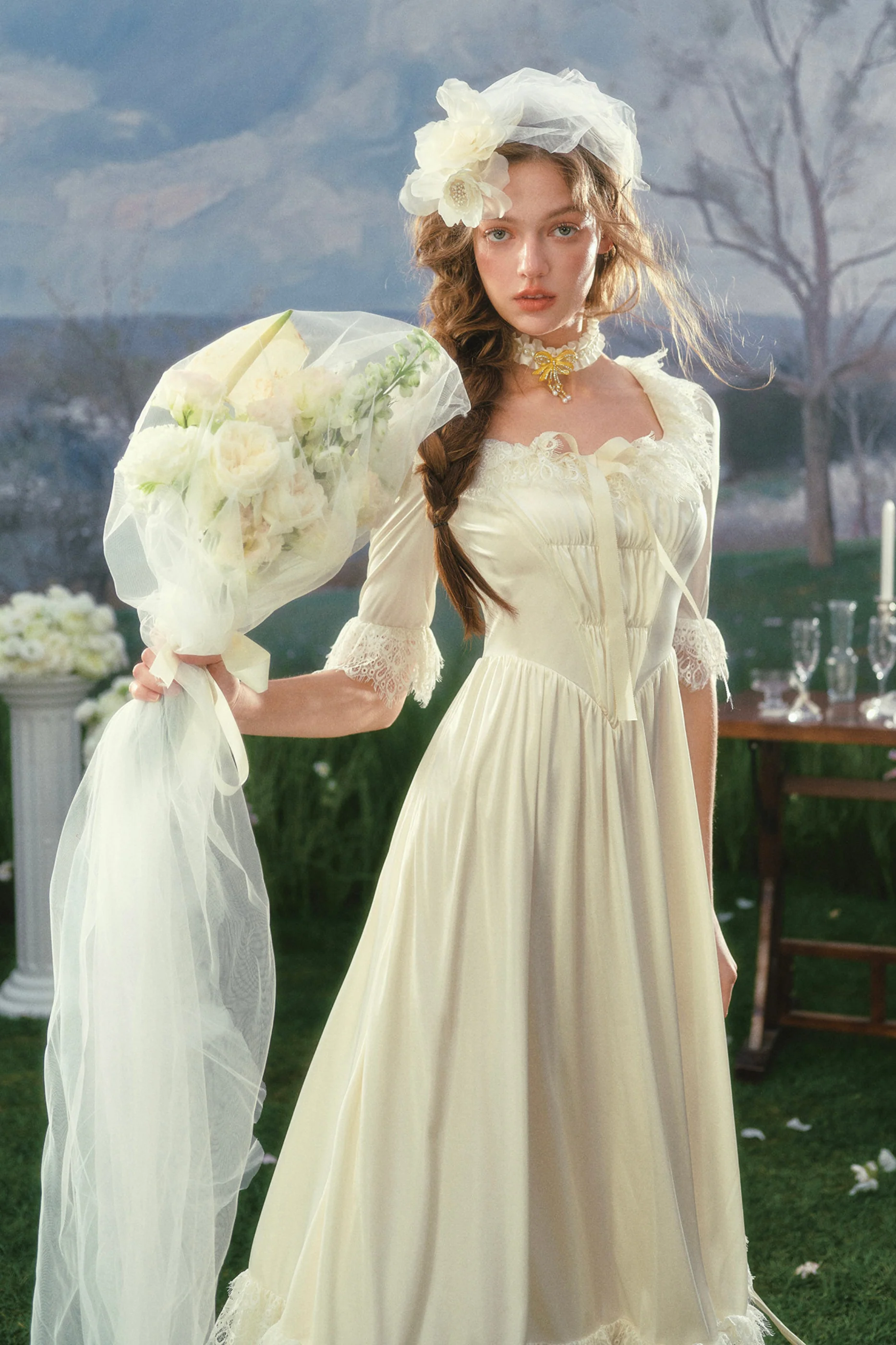 French Retro Satin Wedding Dress - Image 11