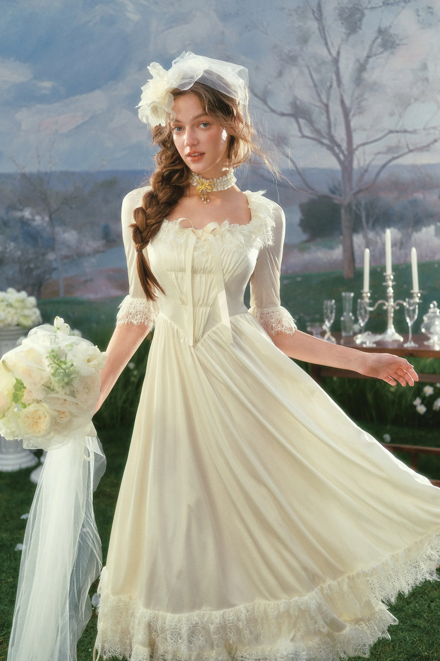 French Retro Satin Wedding Dress - Image 3