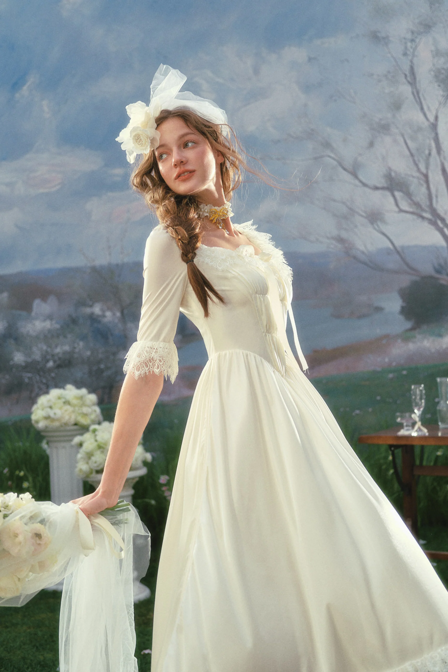 French Retro Satin Wedding Dress - Image 4