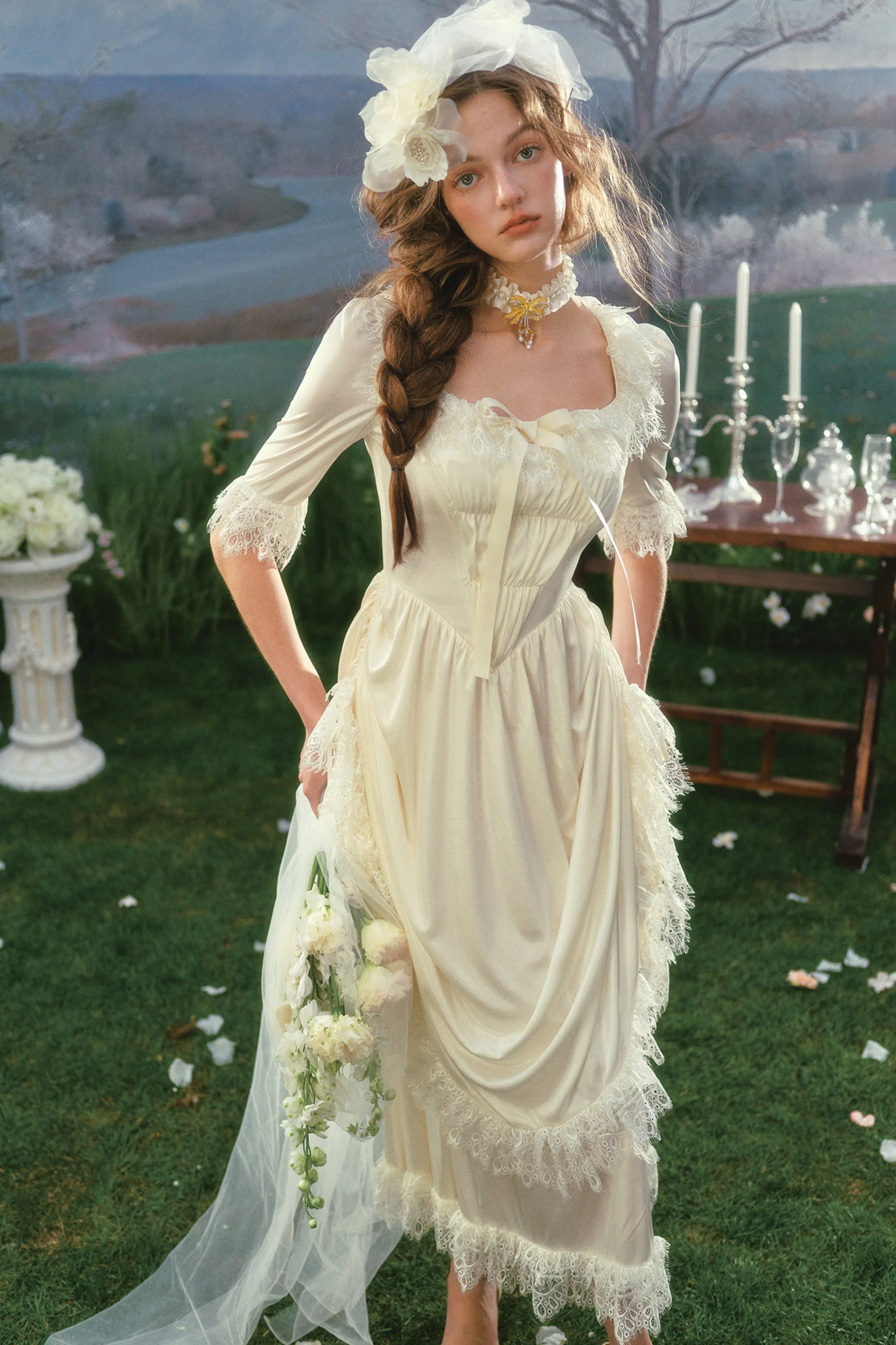 French Retro Satin Wedding Dress - Image 7