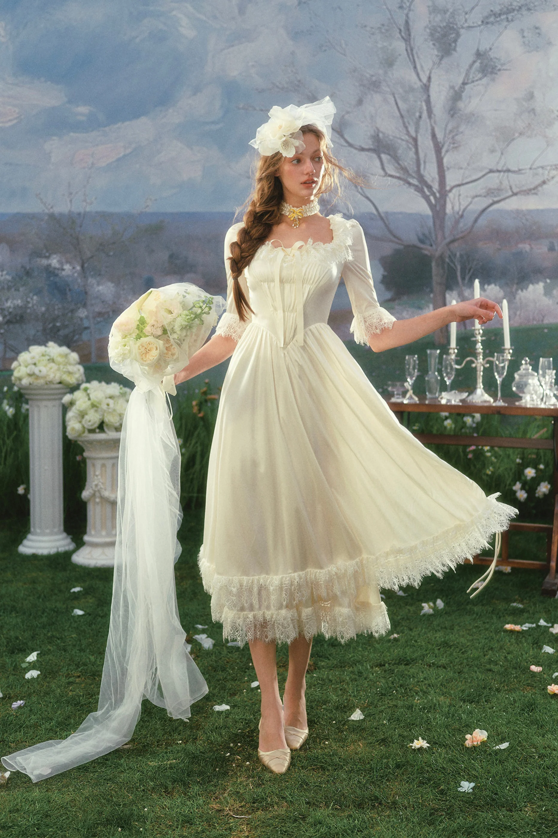 French Retro Satin Wedding Dress - Image 9