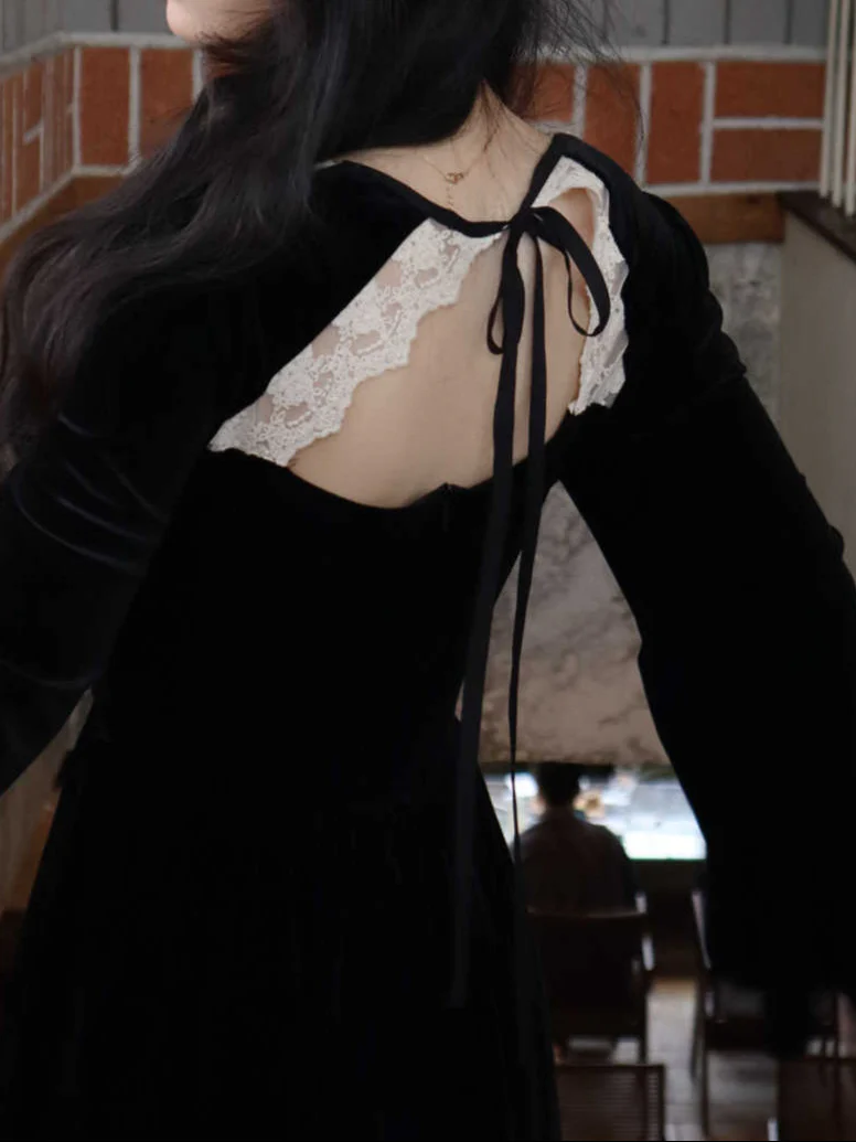 French Retro Velvet Dark Coquette Dress - Image 4