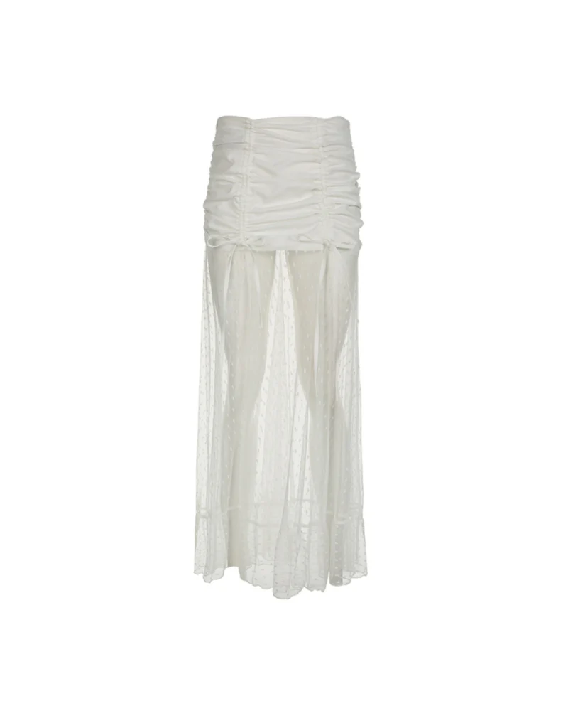 French Romantic Pleated Polka Dot Mesh Maxi Skirt - Image 3