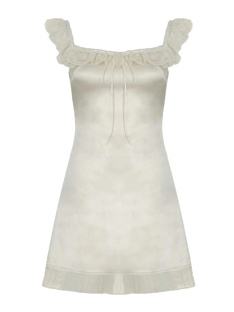 French Ruffled Lace Satin Dress - Image 10