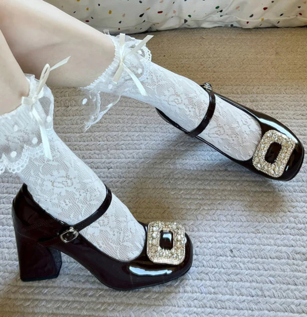 French Square Buckle Rhinestone Mary Jane Shoes - Image 2