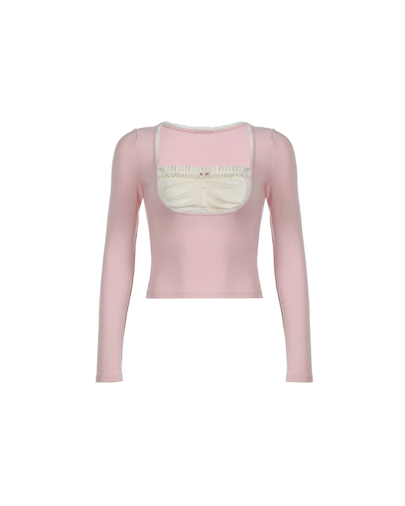 French Square Neck Pleated Pink Long Sleeve Top - Image 4