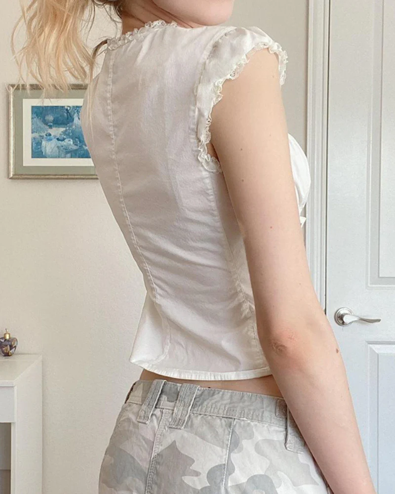 French Strapped Waist Lace Vintage Buttoned Coquette Top - Image 3
