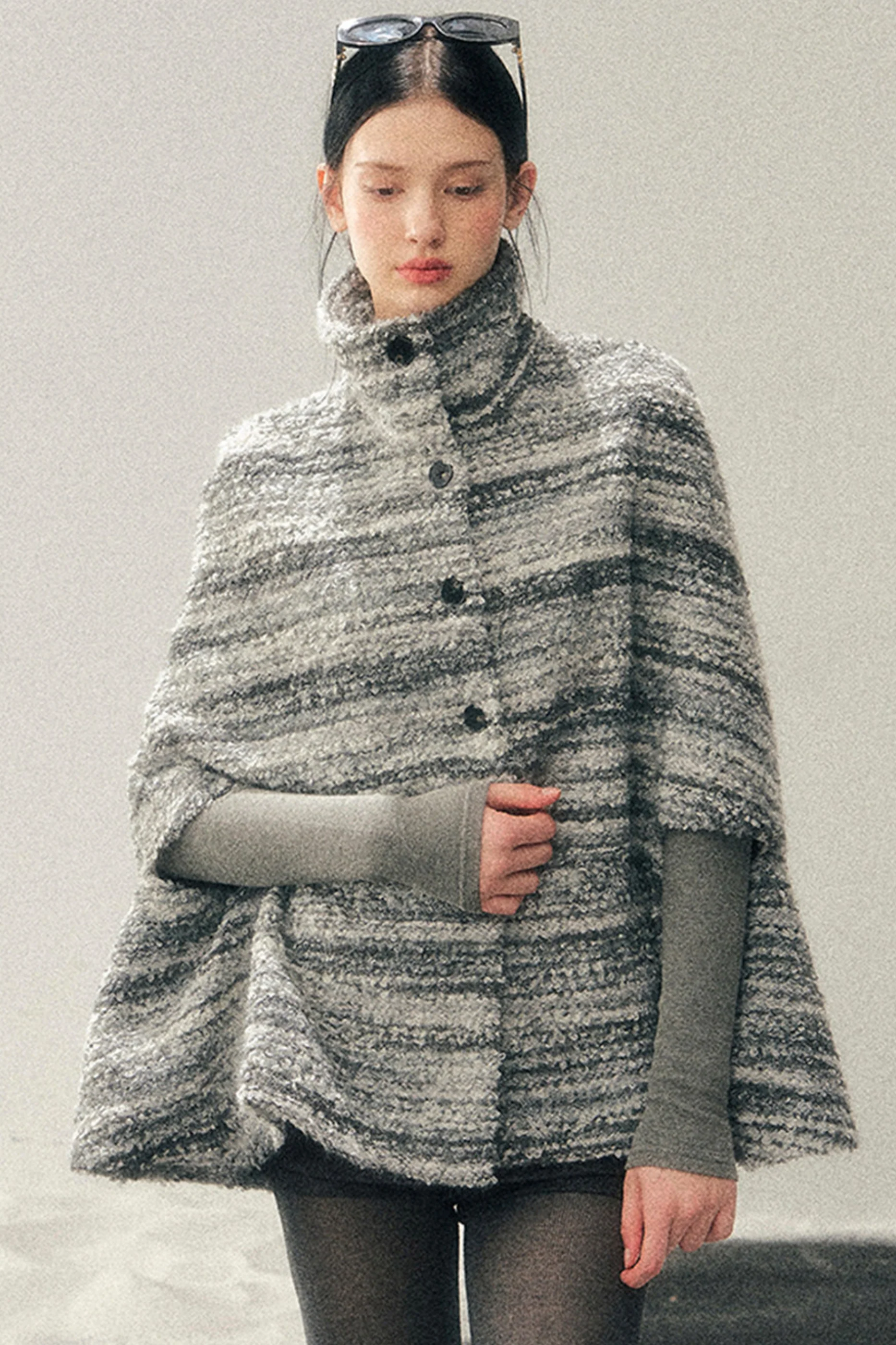 French Striped Wool Turtleneck Coat