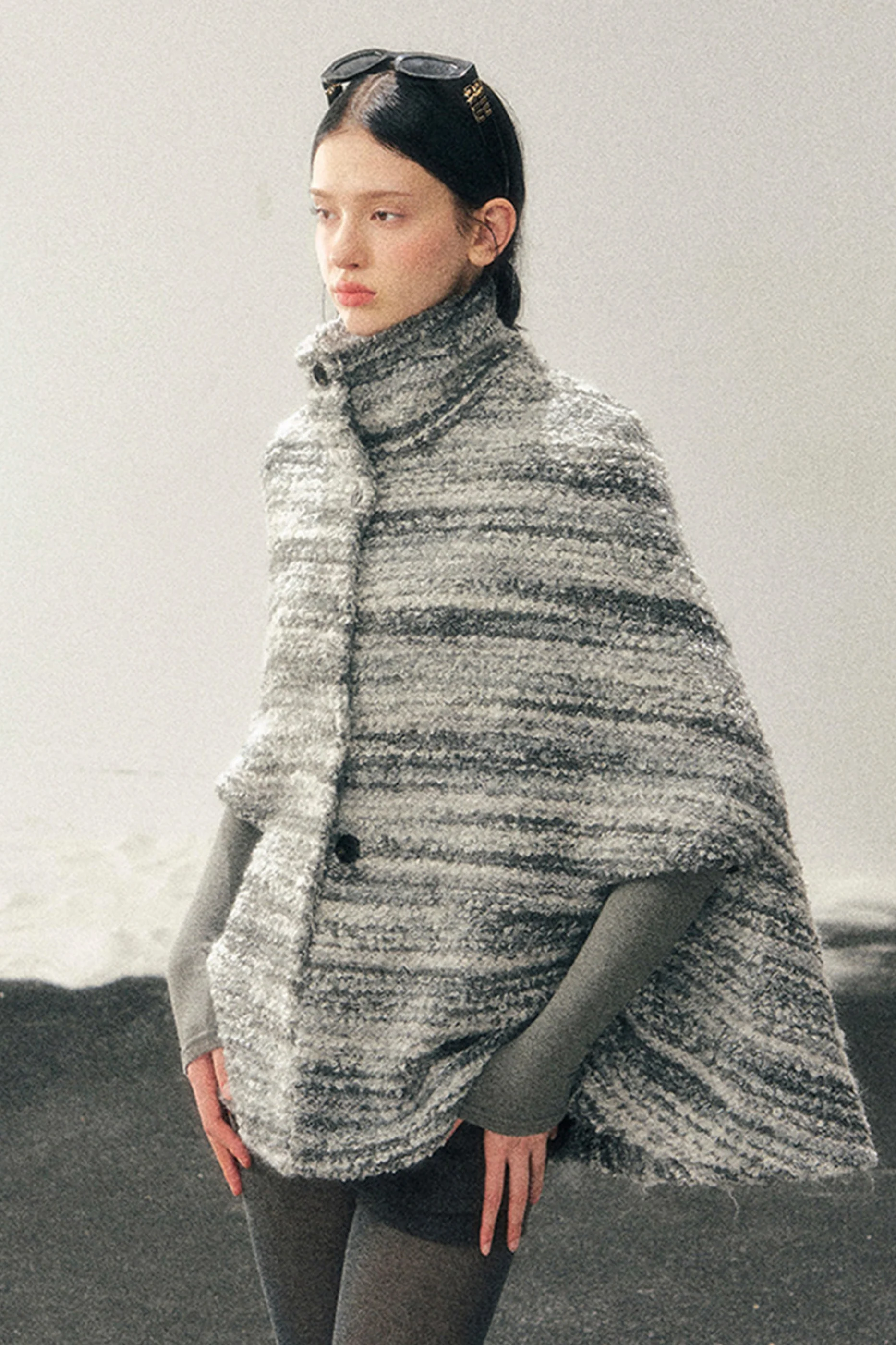 French Striped Wool Turtleneck Coat - Image 9