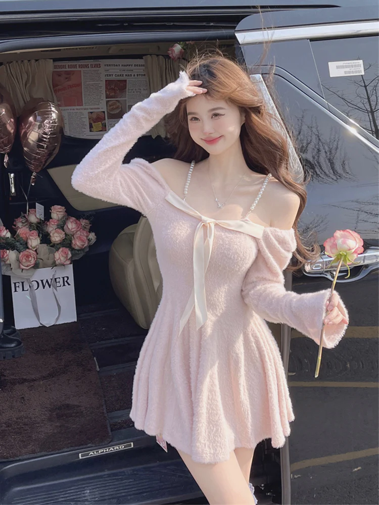 French Sweet Bow Knitted Long-sleeved Mini Coquette Dress - Image 3