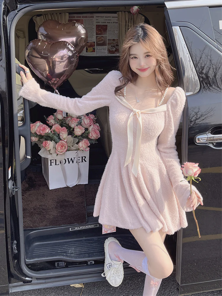 French Sweet Bow Knitted Long-sleeved Mini Coquette Dress - Image 4