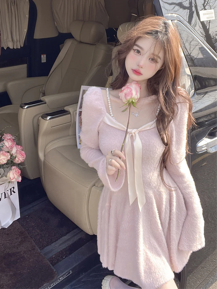 French Sweet Bow Knitted Long-sleeved Mini Coquette Dress - Image 5