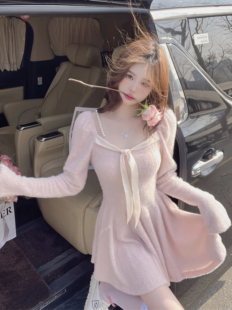 French Sweet Bow Knitted Long-sleeved Mini Coquette Dress - Image 6