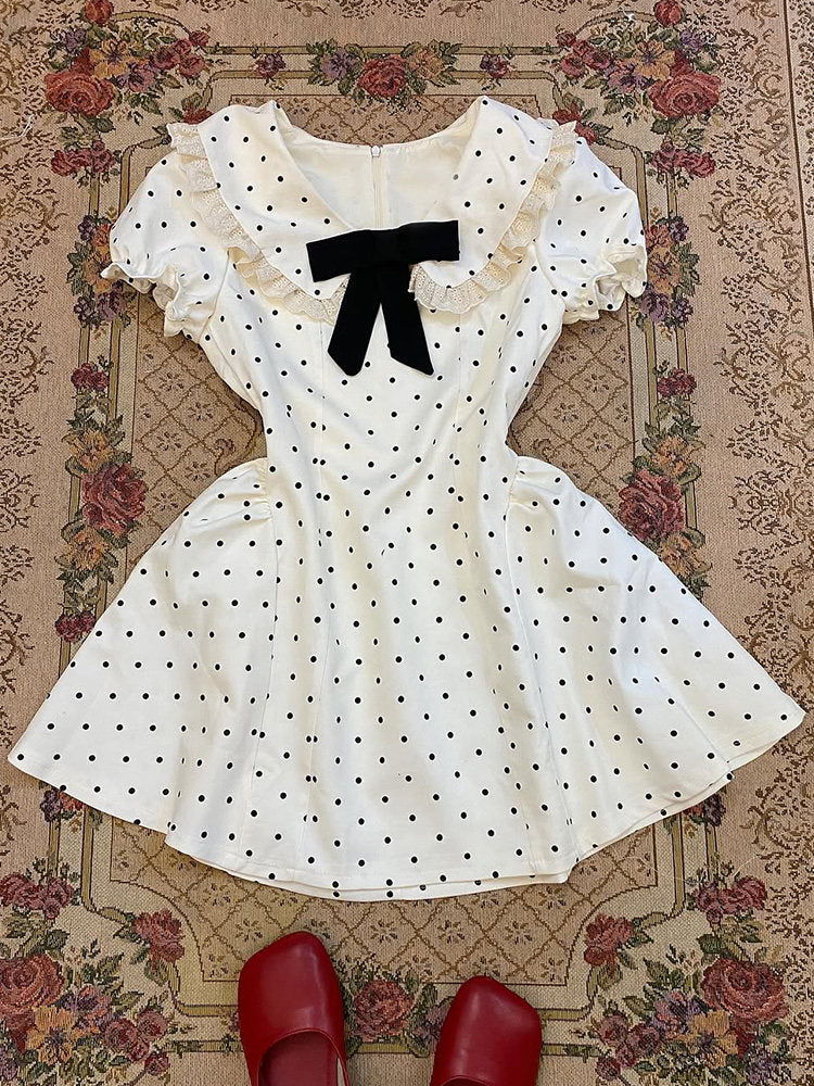 French white bow polka dot dress - Image 3