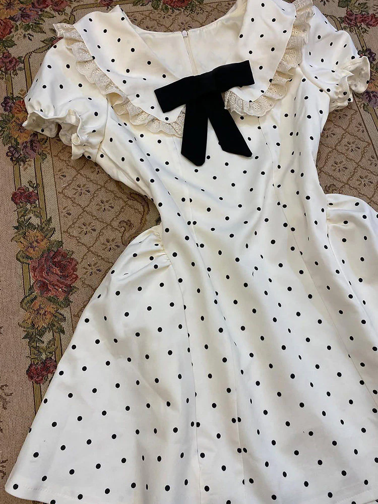 French white bow polka dot dress - Image 5