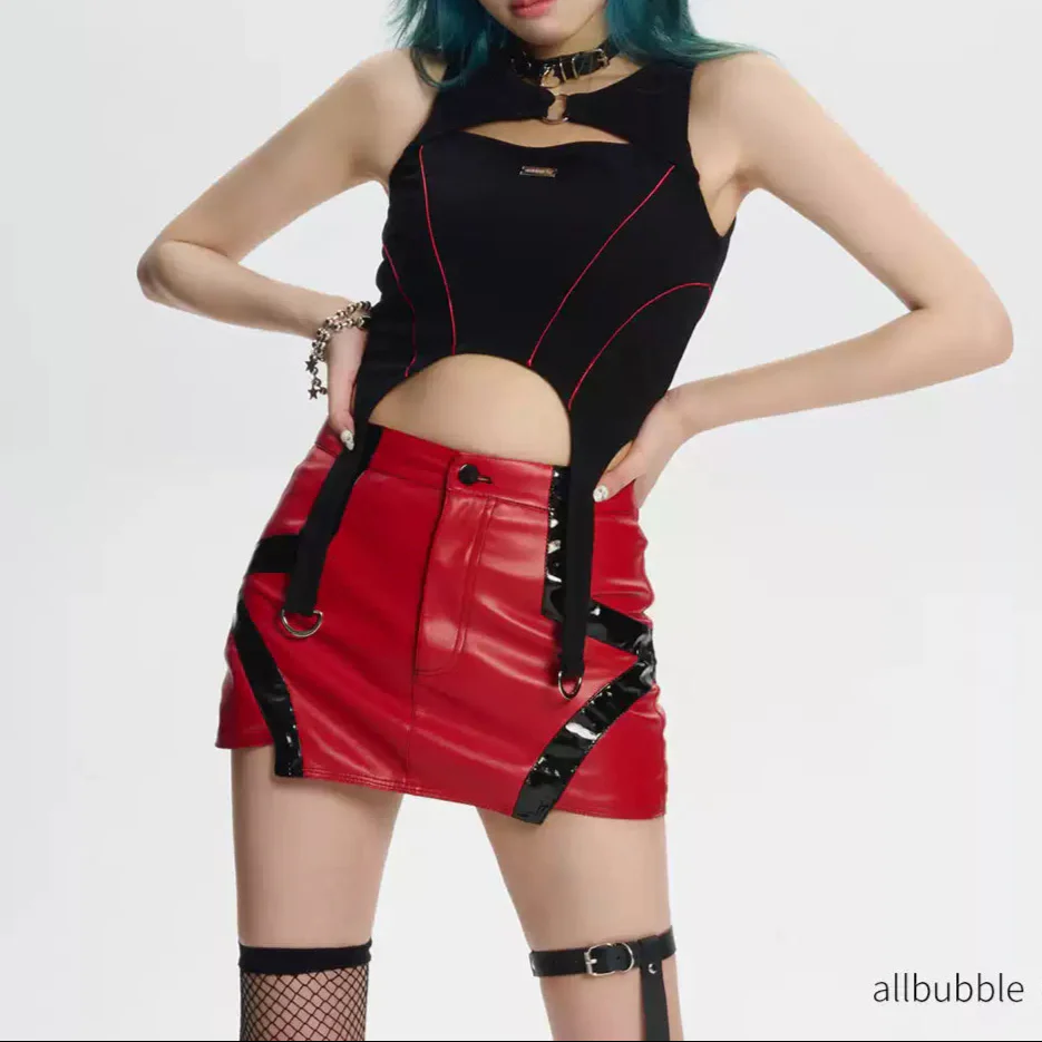 Functional style red and black hot girl leather skirt - Image 2