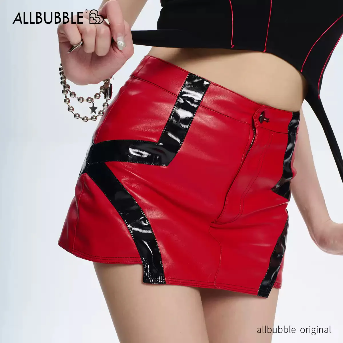 Functional style red and black hot girl leather skirt - Image 3
