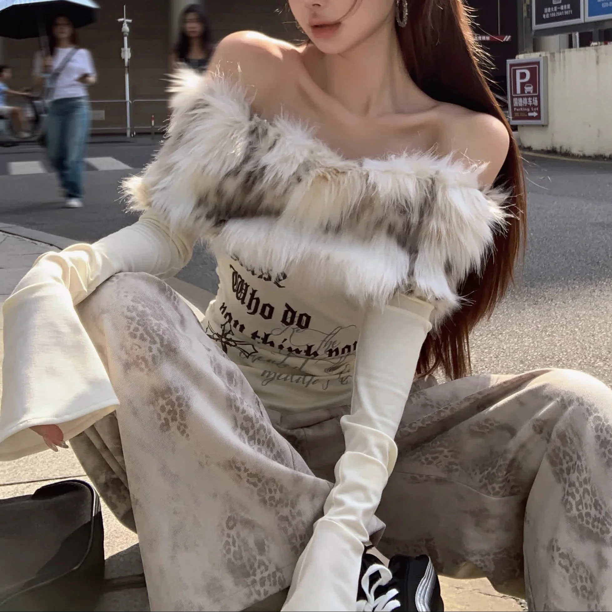 Furry Off Shoulder Long-sleeved Top - Image 2