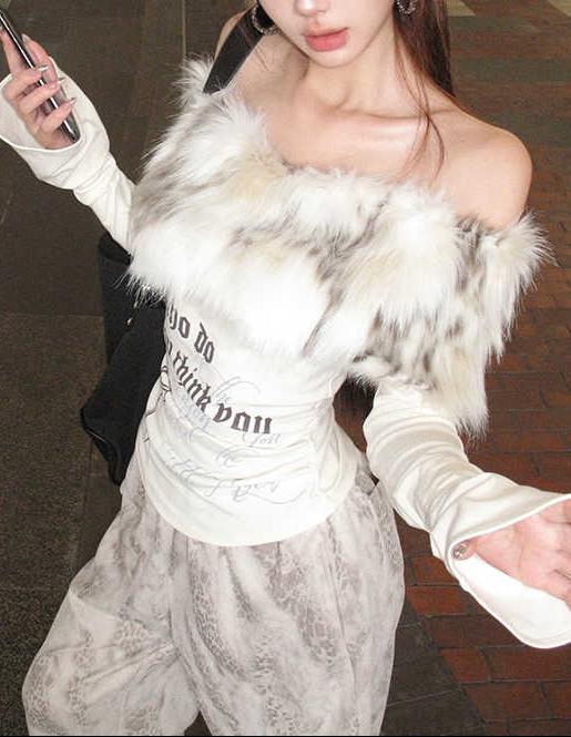 Furry Off Shoulder Long-sleeved Top - Image 3