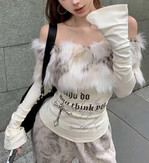 Furry Off Shoulder Long-sleeved Top - Image 4