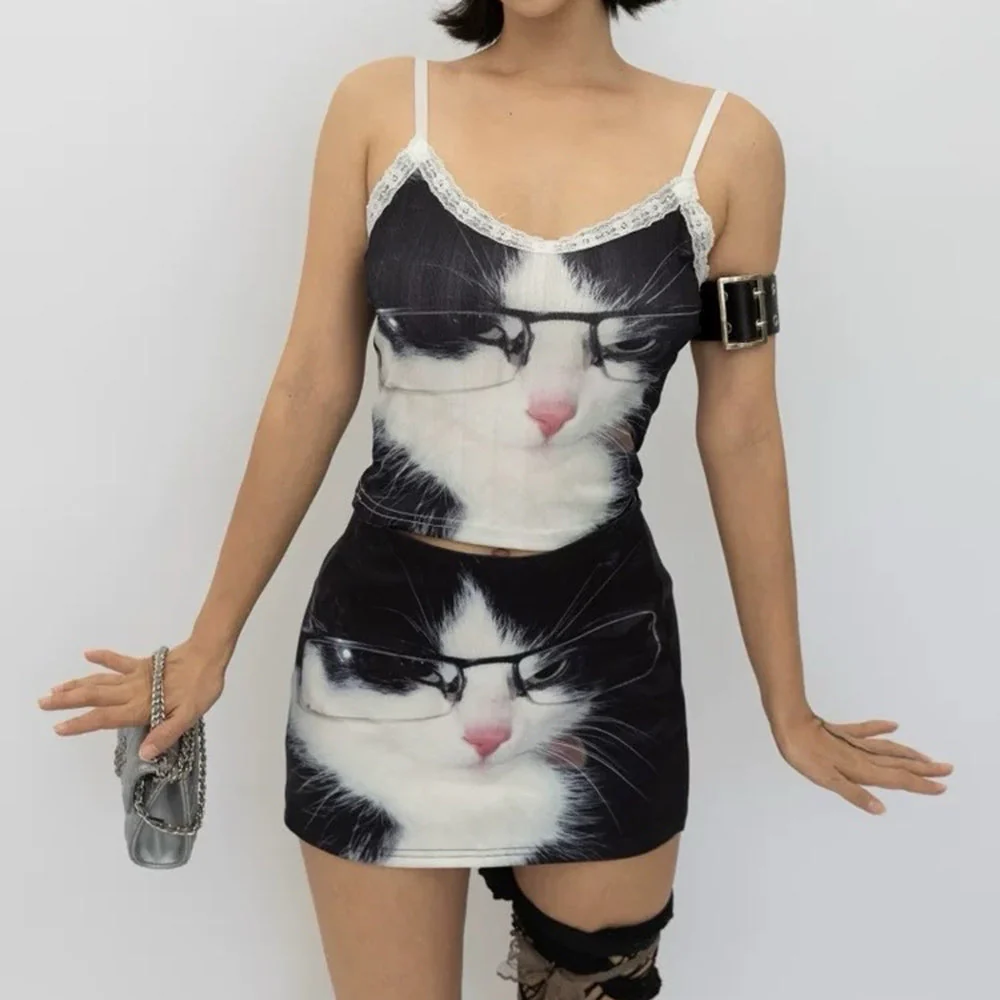 Glasses Cat Print Micro Skirt - Image 3